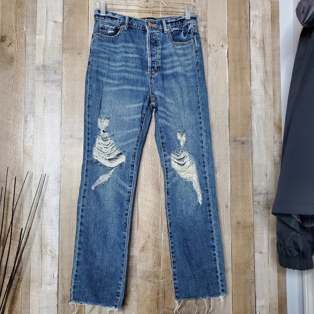 BDG Slim Straight Leg Distressed Button Fly Frey Blue Jeans Size 27